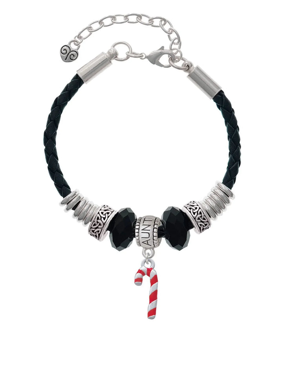 Delight Jewelry Silvertone 3- Red Enamel Candy Cane Aunt Celtic Knot Leather Bead Bracelet, 7"+2" Extender