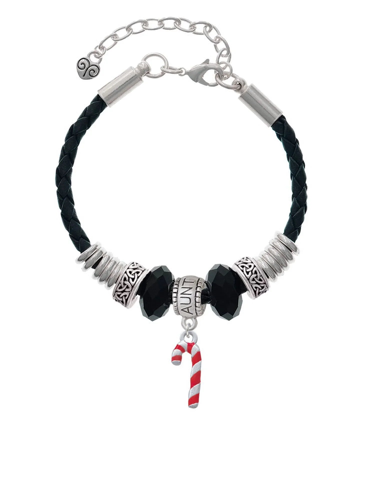 Delight Jewelry Silvertone 3- Red Enamel Candy Cane Aunt Celtic Knot Leather Bead Bracelet, 7"+2" Extender
