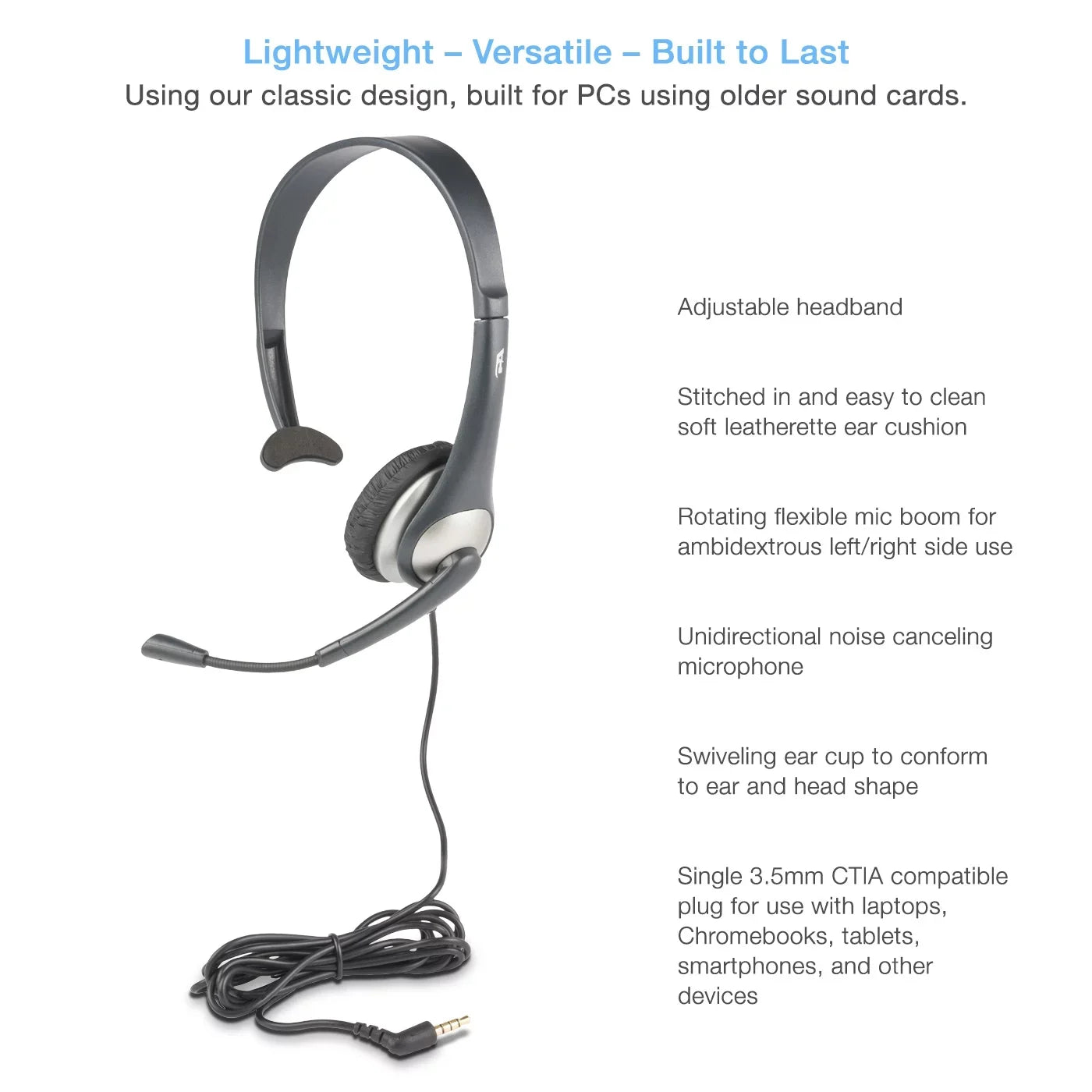Cyber Acoustics Gray Mono Headset w/ -Adapter & Microphone (-104) -