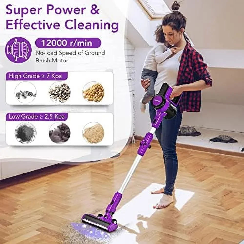 Cordless Vacuum Cleaner, 3-In-1 Handheld Stick Vacuum With 45-Minute Runtime & 2000Mah Rechargeable Battery, Wall-Mounted Lightweight Vacuum For Car, Pet Hair, Hard Floor & Carpet (Purple)
