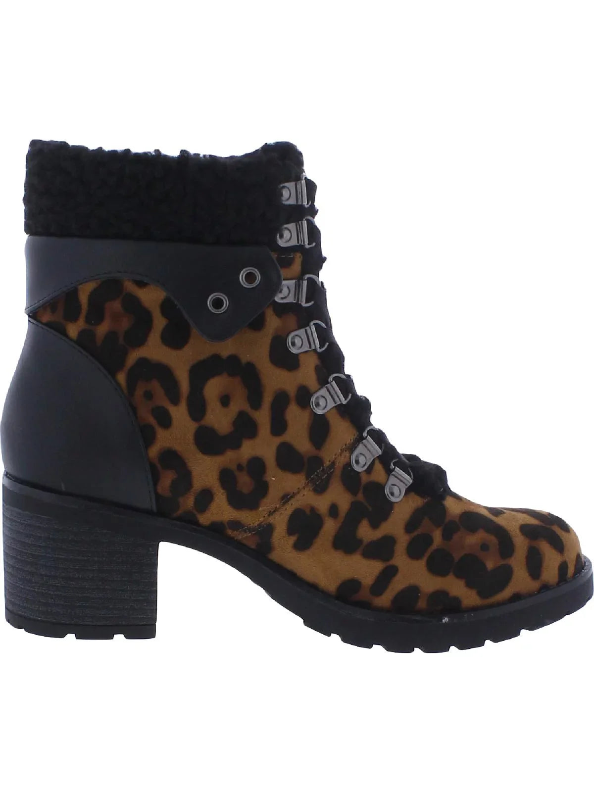 Womens Brown Leopard Print Plush Trim Hiker Padded Lug Sole Emilia Round Toe Block Heel Lace-Up Booties 8