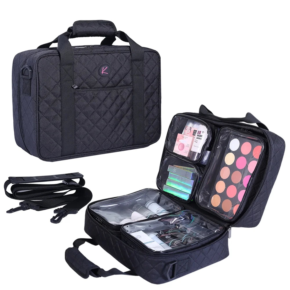 Travel Makeup Bag- Large Cosmetic Bag for Women | Professional Cosmetic Train Case Organizer with Semi-Transparent Compartments for Make Up Tools, Toiletry, Jewelry, Handy Accessories
