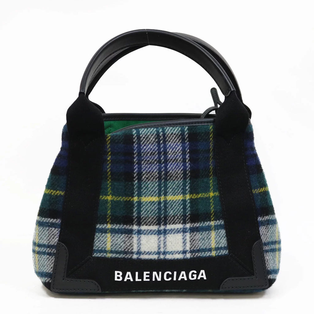 Pre-Owned Balenciaga Handbag Navy Cabas Plaid Small Green Women's Men's (Fair)