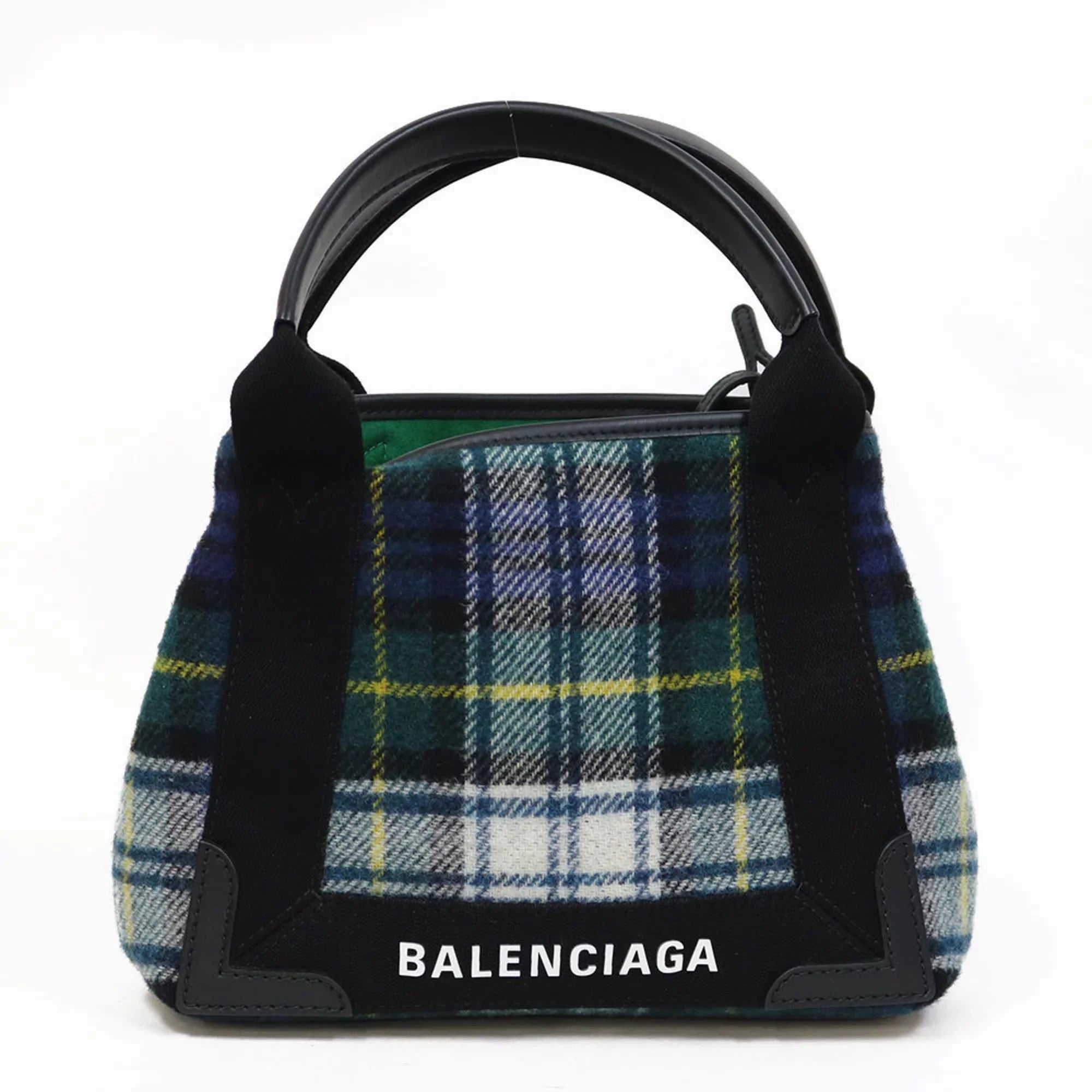 Pre-Owned Balenciaga Handbag Navy Cabas Plaid Small Green Women's Men's (Fair)