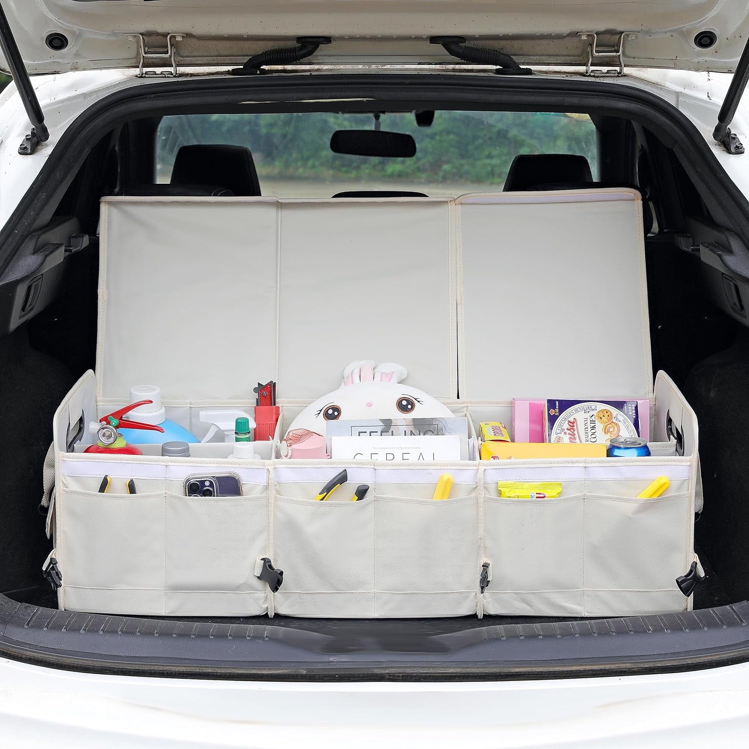 Glamor  Car Trunk Organizer with Lid Car Storage Organizer Collapsible Multi Compartment Adjustable Straps Car Organizer for , Truck, Sedan(Beige)