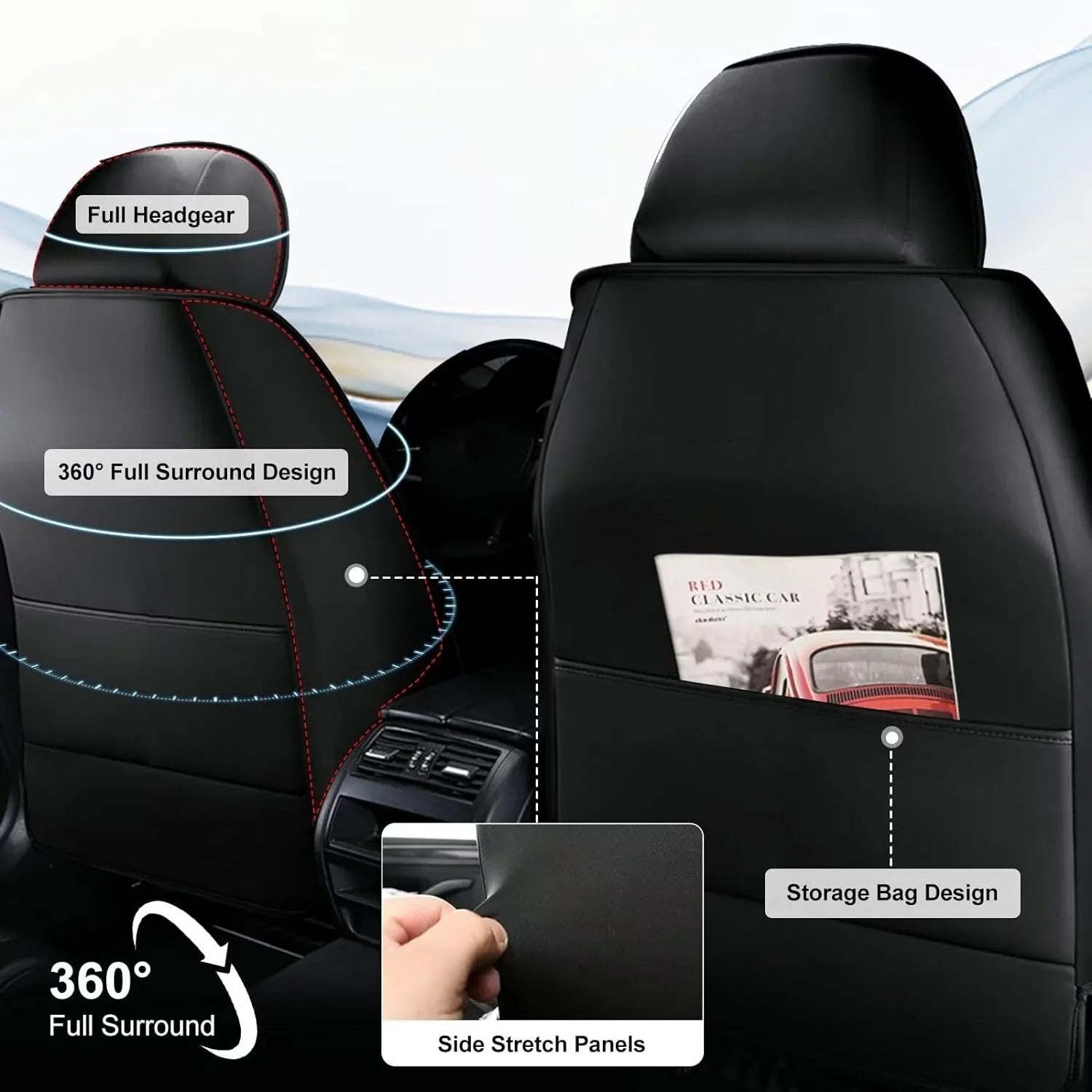 Fit Hyundai Kona 2018-2024 Car Seat Cover 5-seat Faux Leather Full Set Compatible Airbag(Black)