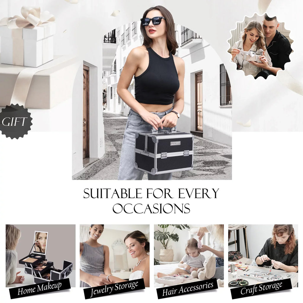 Joligrace Makeup Train Case Cosmetic Organizer Box with Mirror Lockable 2 Trays Makeup Storage Case
