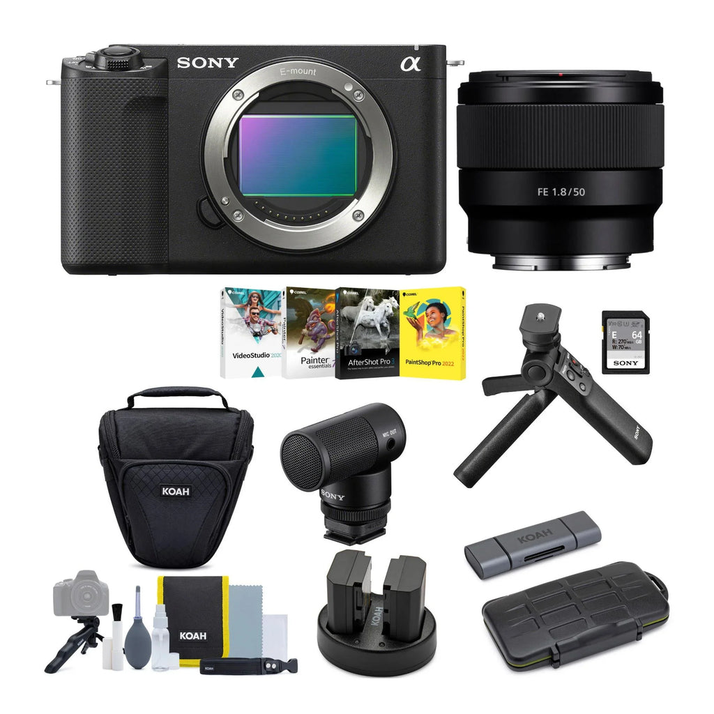 Sony Alpha - Mirrorless Camera with 50mm Lens, Grip, and Mic (Black) Kit