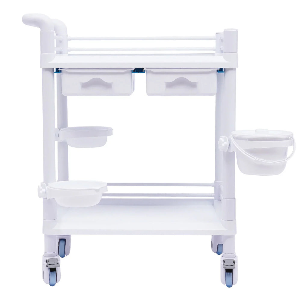 Miumaeov Medical Trolley 2 Tier Spacious Beauty Salon Rolling Trolley with Dirt Buckets Drawers 360°Rotate Wheels Heavy Duty Medical Utility Cart for Hospital Dental Clinic