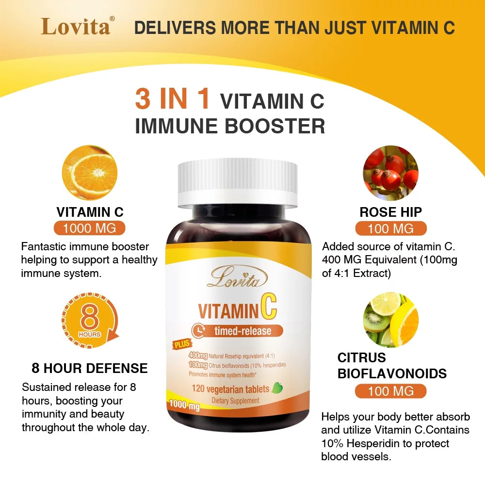 Lovita Vitamin  1000mg with Bioflavonoids & Rose Hips, Timed Release Vitamin , High Potency Vitamin  to Boost Healthy Immune Function, 120 Vegetarian Tablets for 4 Month Supply (Pack of 3)