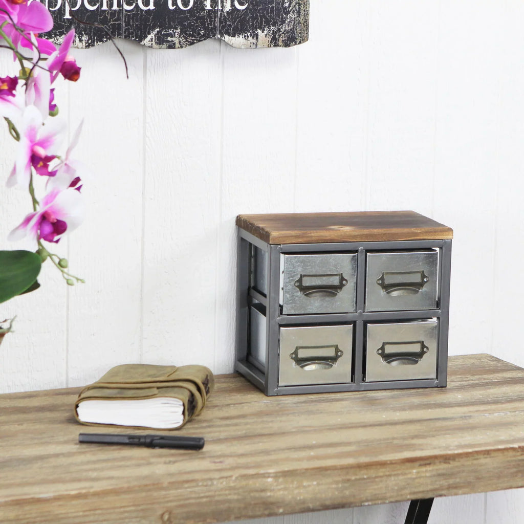 Cheungs 4627 Short Galvanized 4 Drawer Vertical Organizer with Label Scoop Handle - Metal Frame & Wood Top