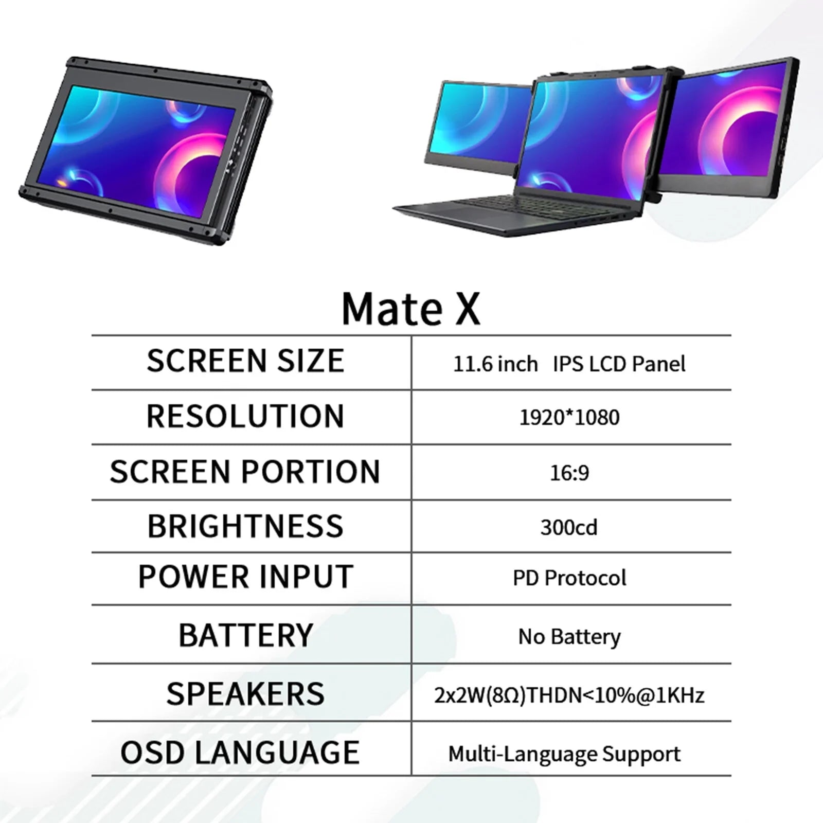 Mate  11.6-inch Portable Dual Screen Monitor for Laptop Full   1080P Display Plug and Play
