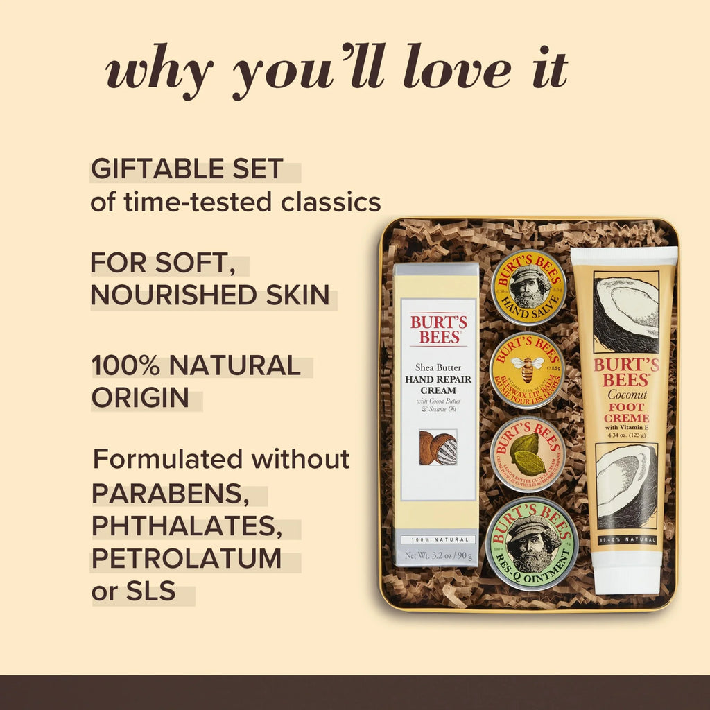Burt's Bees Classics Gift Set, 6 Products in Giftable Tin  Cuticle Cream, Hand Salve, Lip Balm, Res- Ointment, Hand Repair Cream and Foot Cream