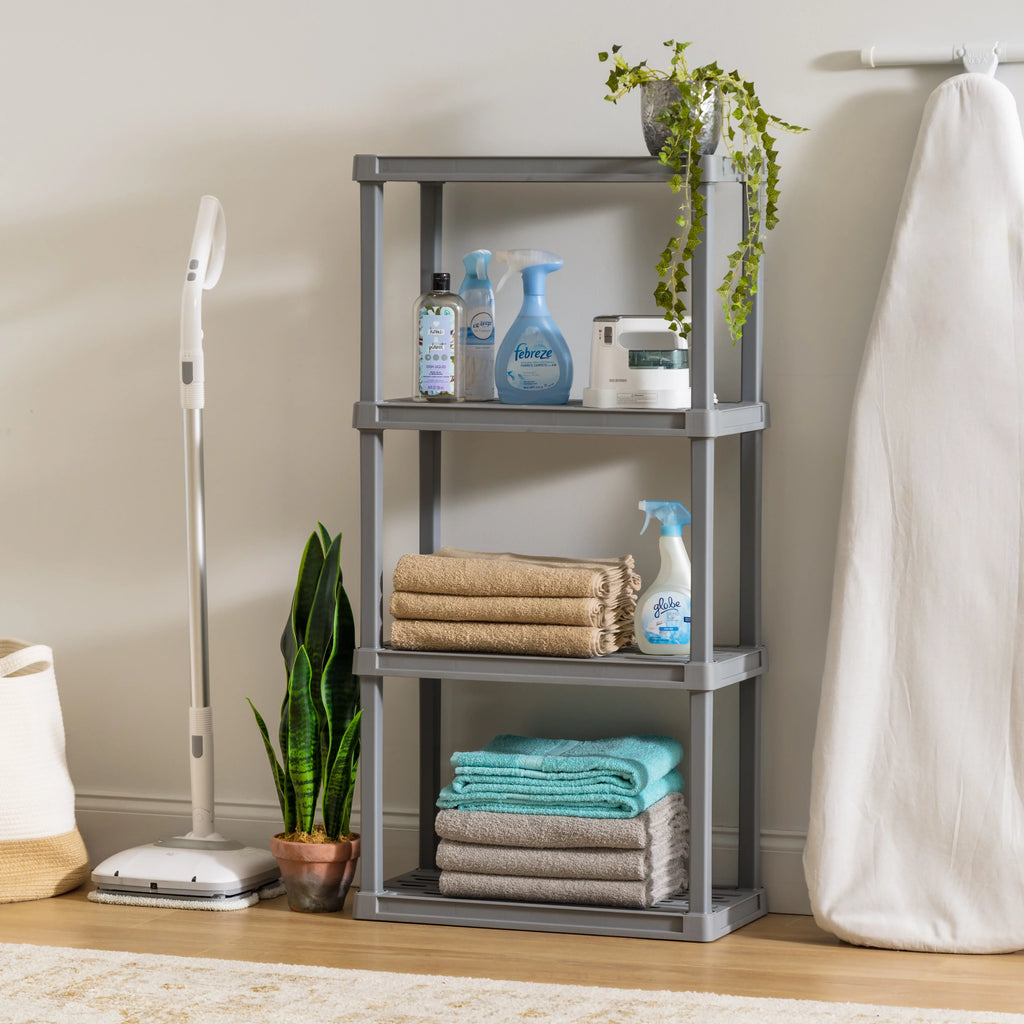 4-Tier Plastic Rack Storage Shelf with 160 lb. Total Capacity, Elephant Gray