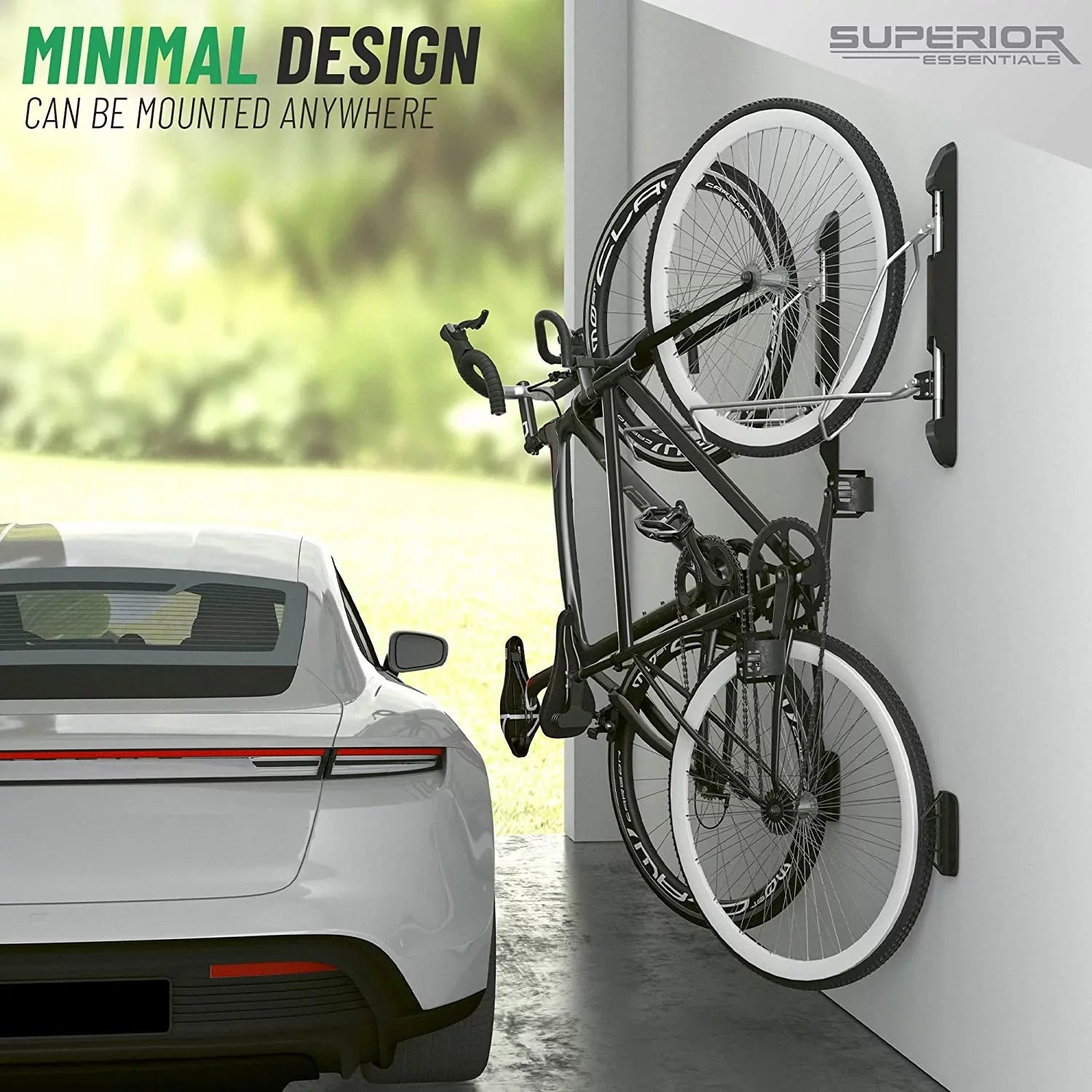 Superior Essentials Vertical Bike Rack - Easy to Hang and Detach, 180-Degree Swivel Swing, Foldable Bike Wall Mount - Maximize Your Garage Space with Our Top-Notch Bike Hangers for Garage (Black)