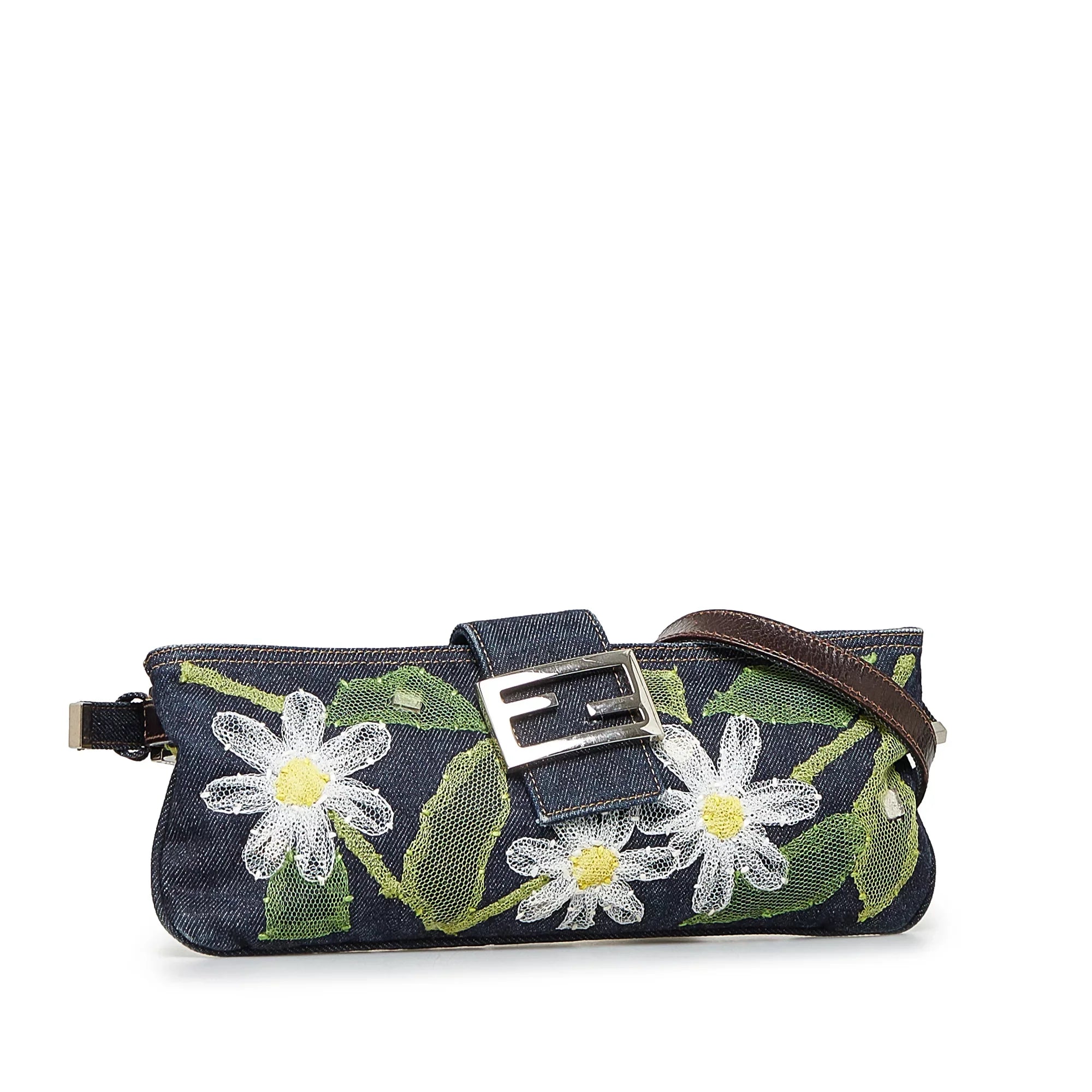 Pre-Owned Authenticated Fendi Embroidered Baguette Denim Fabric Blue Crossbody Bag Unisex (Fair)