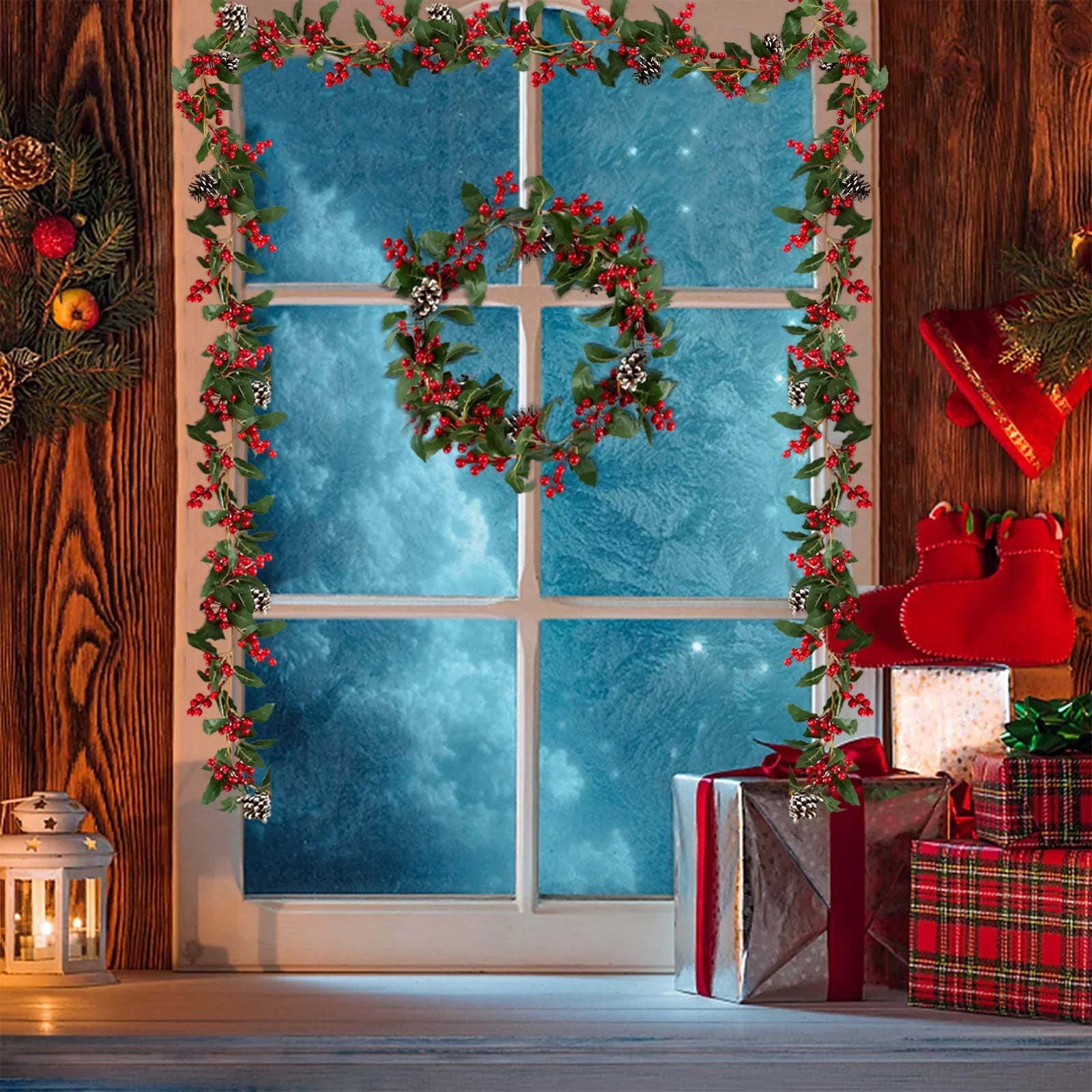 Blosmon Christmas Garland Decorations 2 Pcs 5.9Ft Artificial Red Berry Garland Christmas Leaves Pinecones Indoor Outdoor  for Fireplace Kitchen Door Party Holiday Decor