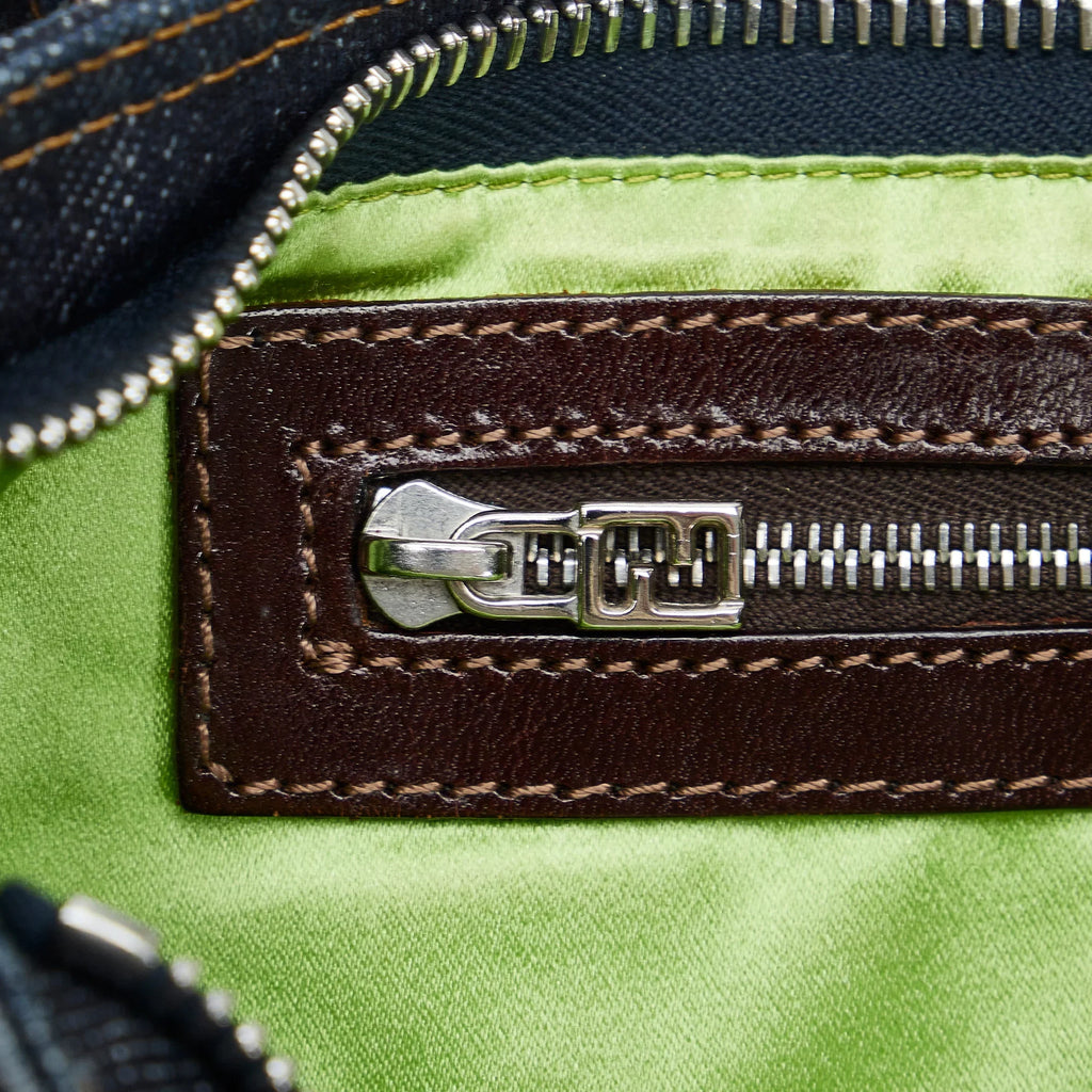 Pre-Owned Authenticated Fendi Embroidered Baguette Denim Fabric Blue Crossbody Bag Unisex (Fair)