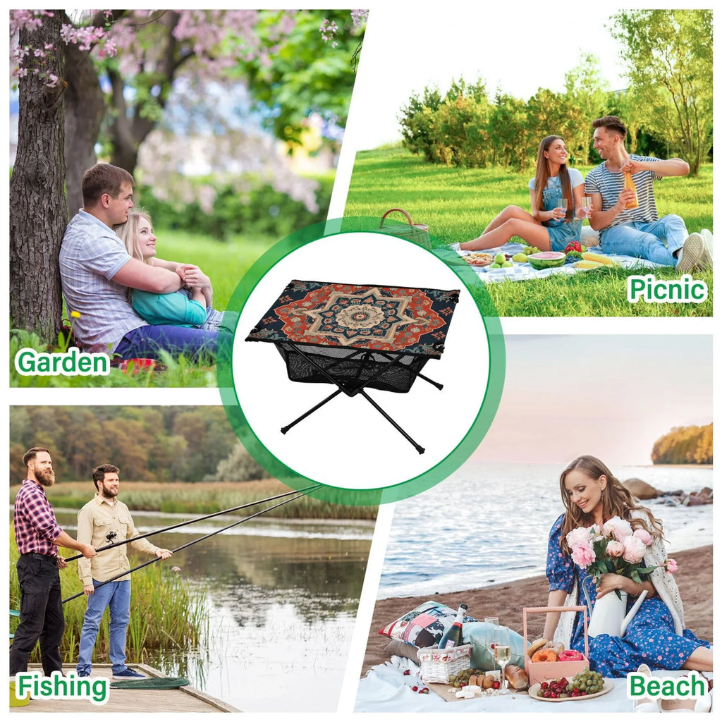 Indian Mandala Pattern Camping Folding Table Portable Beach Table with Storage Bag Compact Picnic Table for Outdoor Travel Fishing