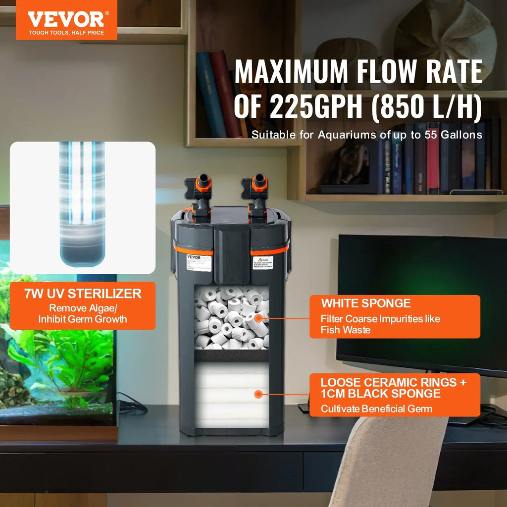 10w  Lamp 55 Gallon Aquarium Canister Filter Fish Tank Quiet