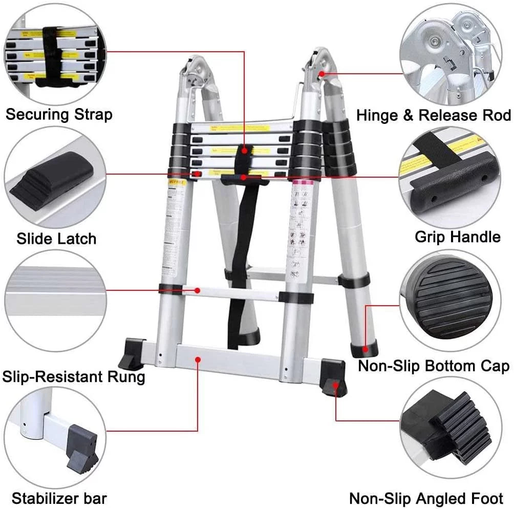 Dayplus 12.5FT/3.8M Aluminum Telescoping Extension Ladder Portable Multi-Purpose Folding -Frame Ladder