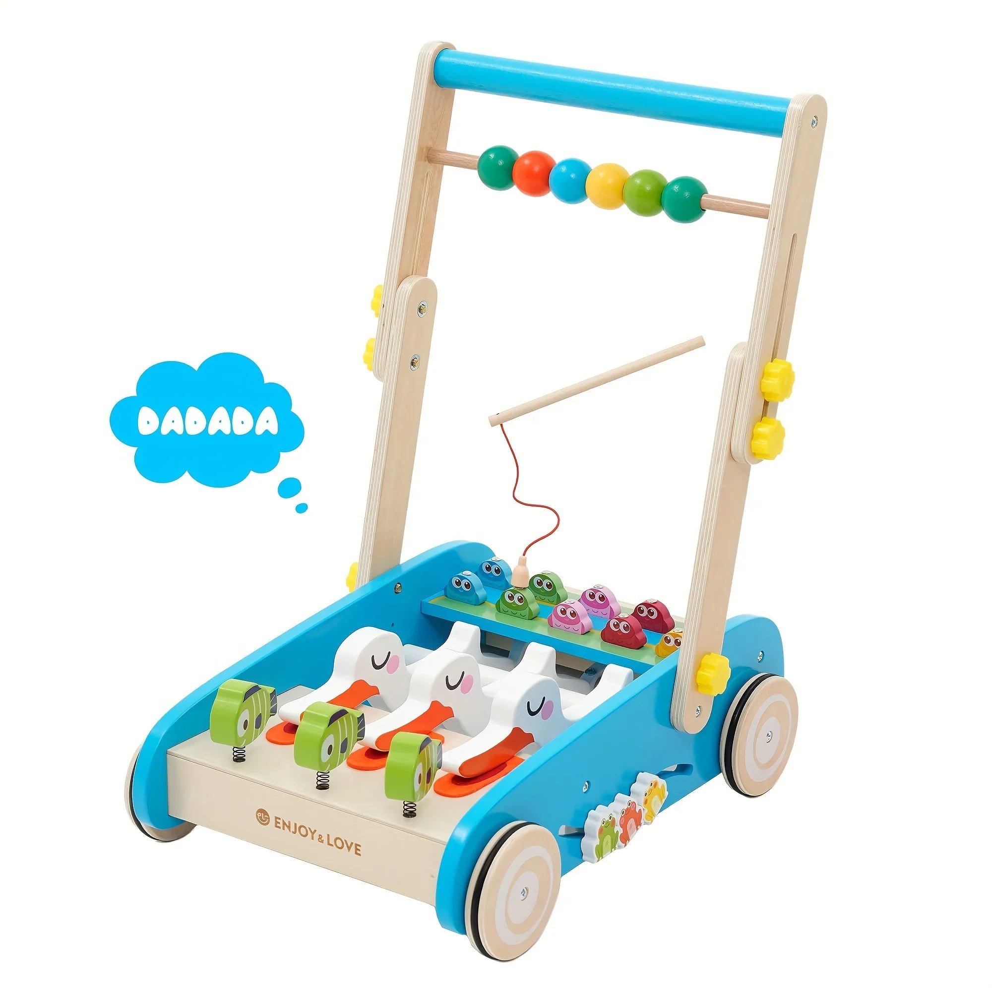 Baby Walker Wooden Foldable Sit-to-Stand Learning Baby Push Walker Kids Activity Center Toddler Push Along Trolley with Fishing Toy Gear for Boys Girls Infants