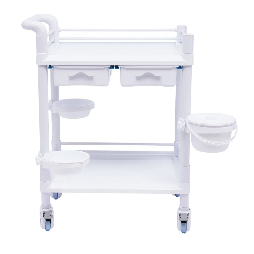 Miumaeov Medical Trolley 2 Tier Spacious Beauty Salon Rolling Trolley with Dirt Buckets Drawers 360°Rotate Wheels Heavy Duty Medical Utility Cart for Hospital Dental Clinic
