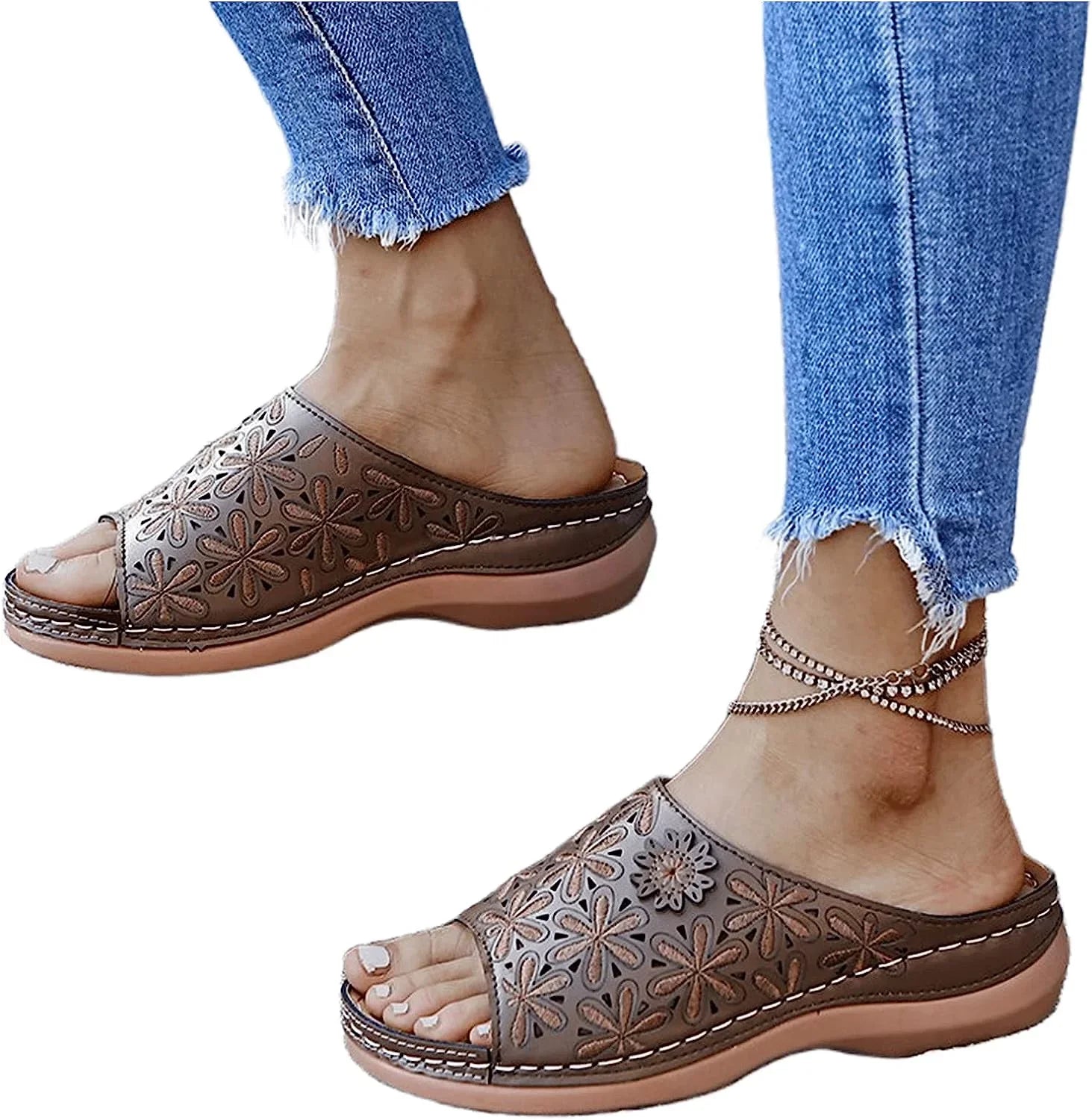 Sandals Women Fashion Floral Hollow-Out Orthopedic Flip Flops Arch Support Slippers Comfy Roman Open Toe Sandal