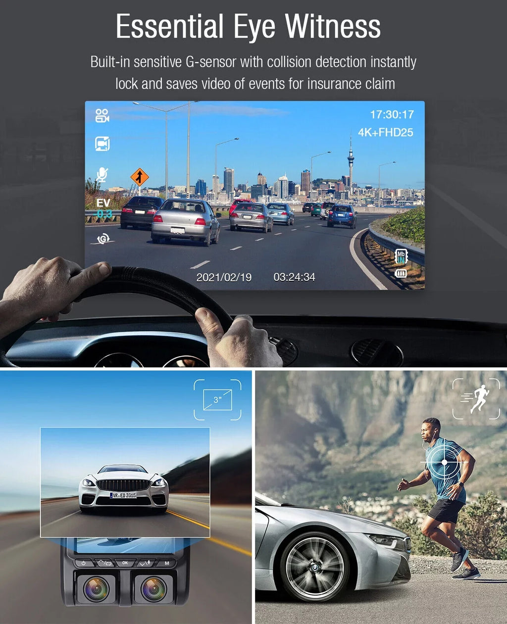 Dual Dash Cam Front and Inside 1080P Dash Camera 3"  Screen Car Camera  with  Night Vision Parking Monitor, -Sensor, Loop Recording