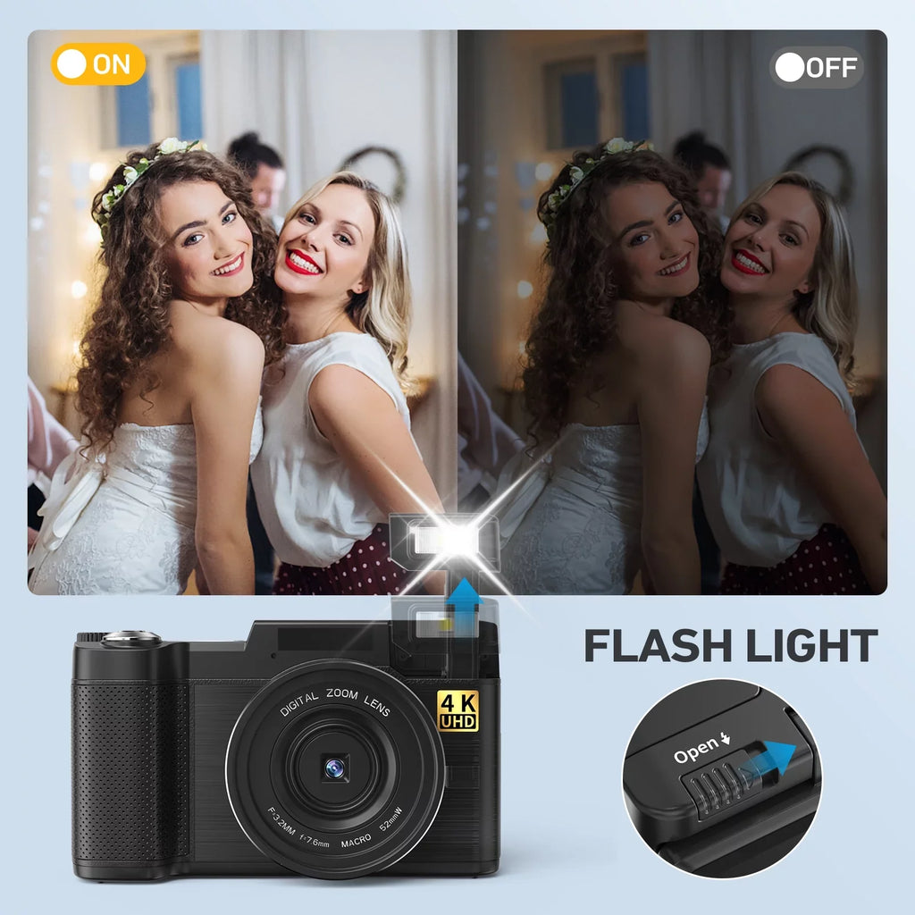 Digital Camera 4K Vlogging Camera for YouTube 48MP 16X Digital Zoom with Macro Function & Liftable Flash, Photography Camera 3’’ 180°Flip Screen