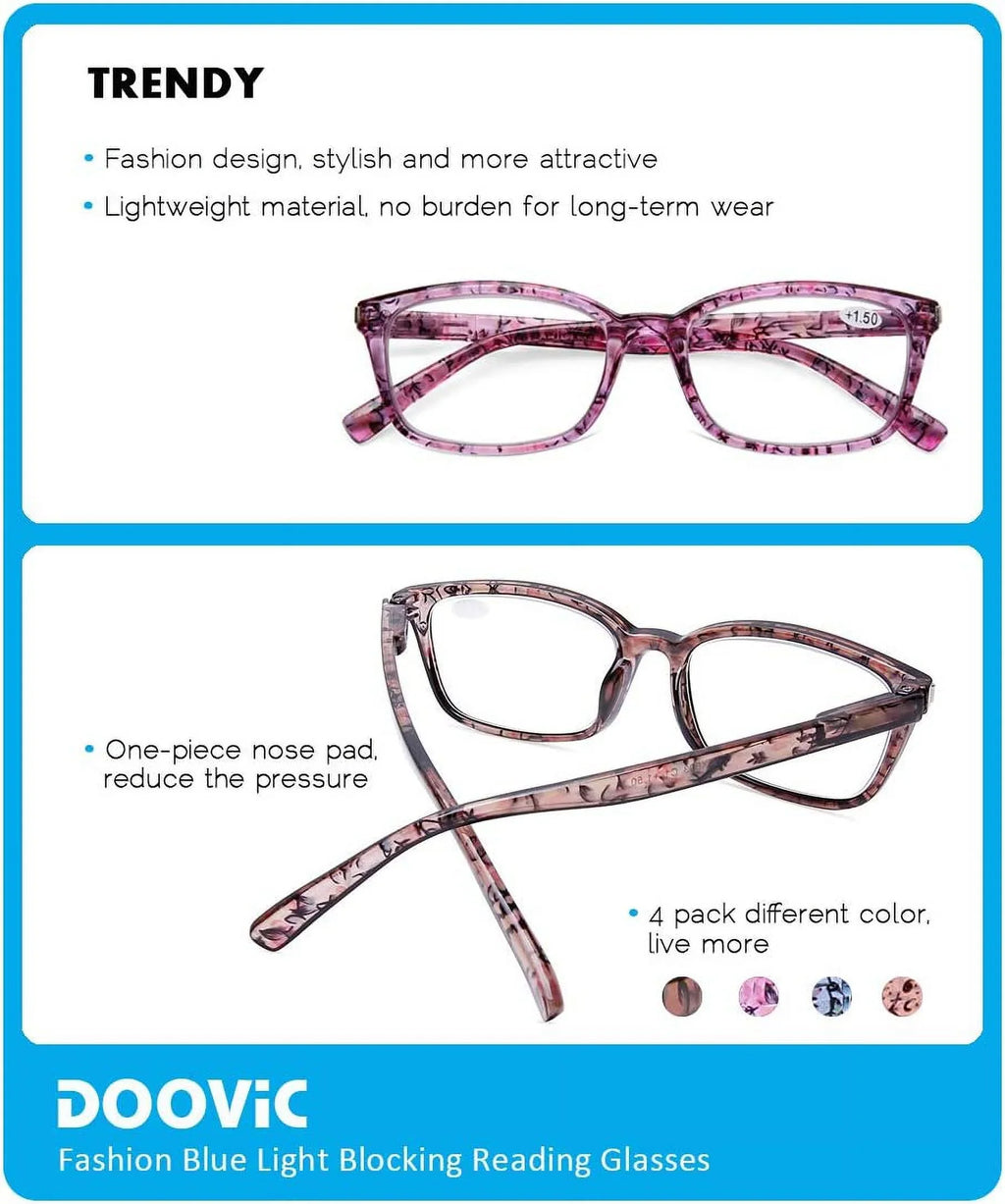 DOOViC 4 Pack Computer Reading Glasses Blue Light Blocking Anti Eyestrain Spring Hinge Stylish Readers for Women 1.25 Strength