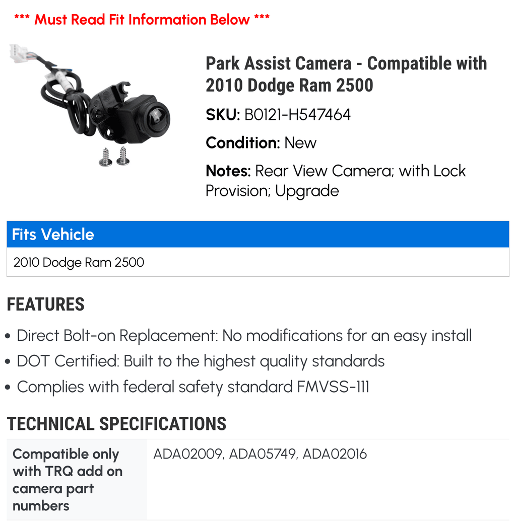 Park Assist Camera - Compatible with 2010 Dodge Ram 2500