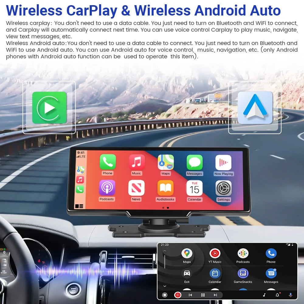 Podofo 7-32V 9.3" Portable Car Stereo Radio Wireless Carplay Android Auto Dash Cam  Car  Player, with 32G Card&Backup Camera