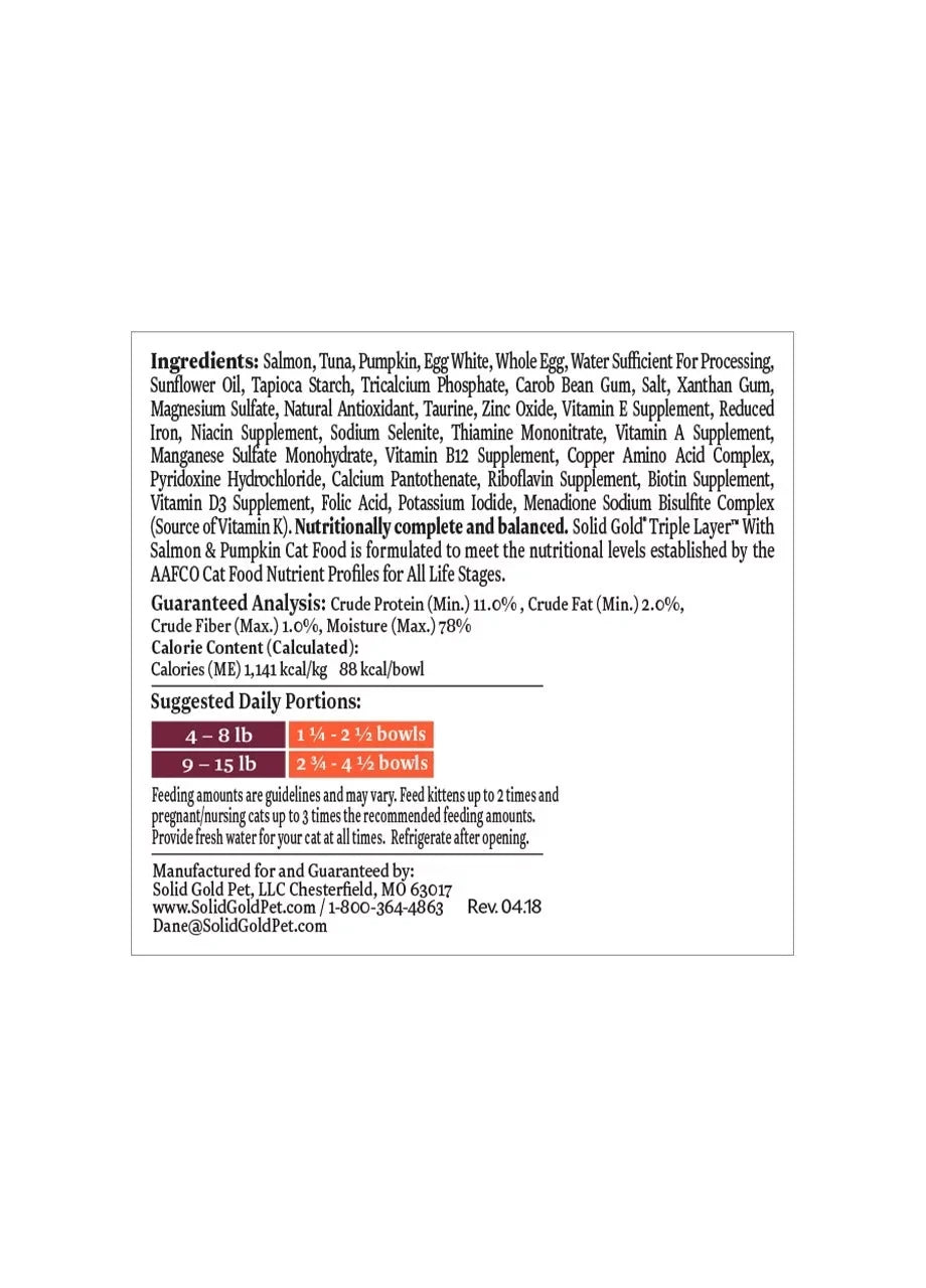 Solid Gold Grain Free Wet Cat Food Pate - Made with Real Salmon & Pumpkin - Triple Layers Canned Cat Food Mousse, Pate, and Shreds for Healthy Digestion, Weight Control, & Overall Immunity