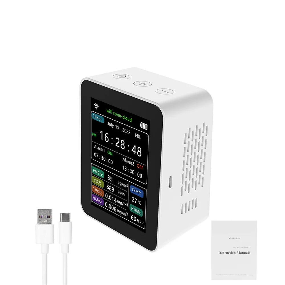 Carevas WiFi Intelligent Air Quality Detector .5    Humidity 6 In 1 Detector Time Date Week Display Mobilephone  Remotes Viewing 2 Sets Alarm Home Indoor Desktop Air Quality Moni