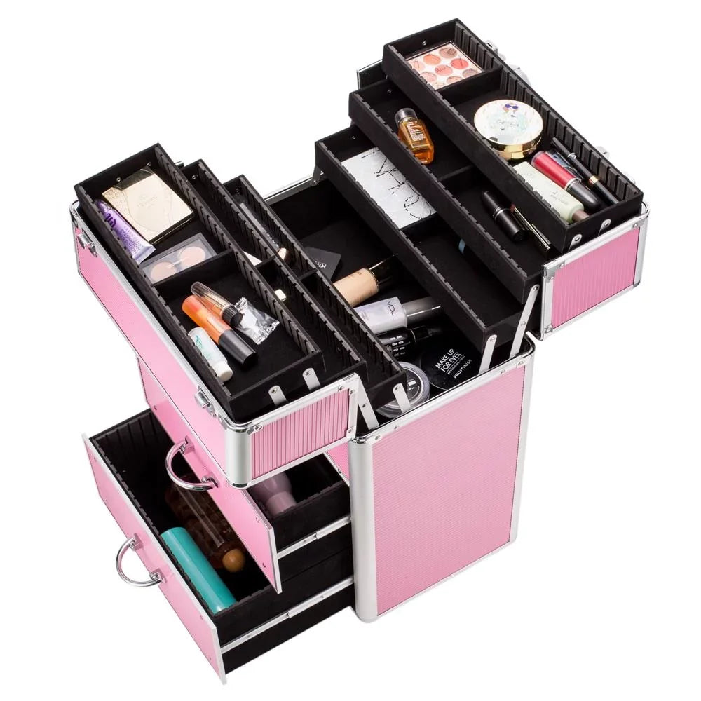 Ktaxon 3 in 1 Pro Rolling Aluminum Makeup Case, Lockable Cosmetic Train Box Storage Trolley, Pink