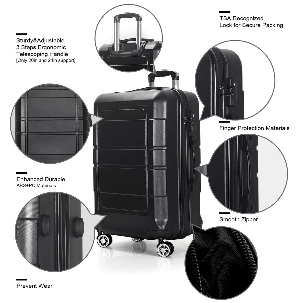3 Pcs Hardside Luggage Set, with  Lock and 20"/24"/28" Luggage Bags, Black