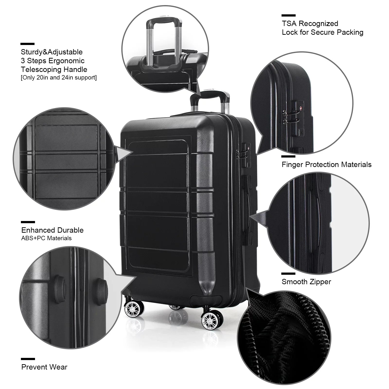 3 Pcs Hardside Luggage Set, with  Lock and 20"/24"/28" Luggage Bags, Black
