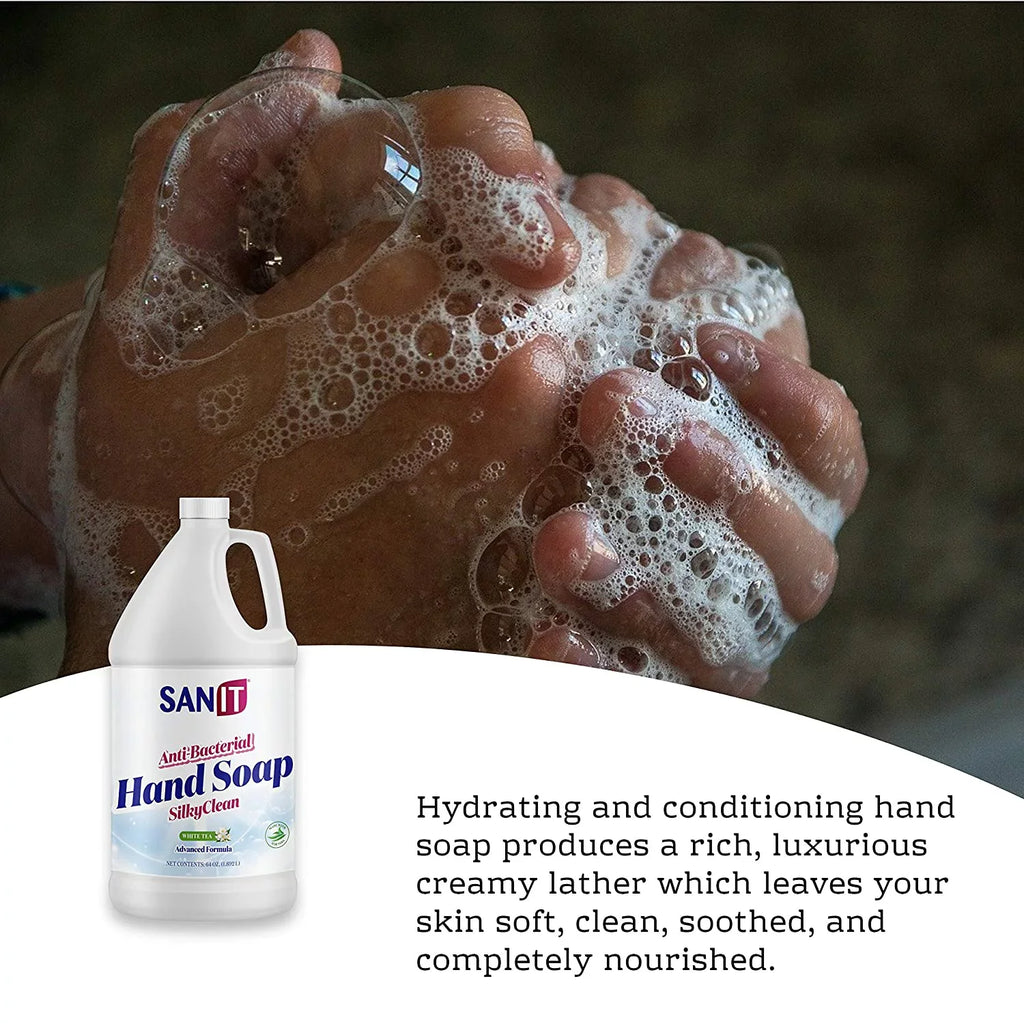 Sanit Silky Clean Antibacterial Liquid Gel Hand Soap Refill - Advanced Formula with Coconut Oil and Aloe Vera - All Natural Moisturizing Hand Wash - Made in , White Tea, 1 Gallon