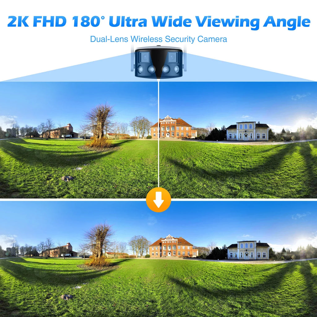 Toguard  2K Wireless Security Camera Outdoor, 180° Ultra-Wide View Dual Lens Bullet Surveillance Camera Wireless Connector
