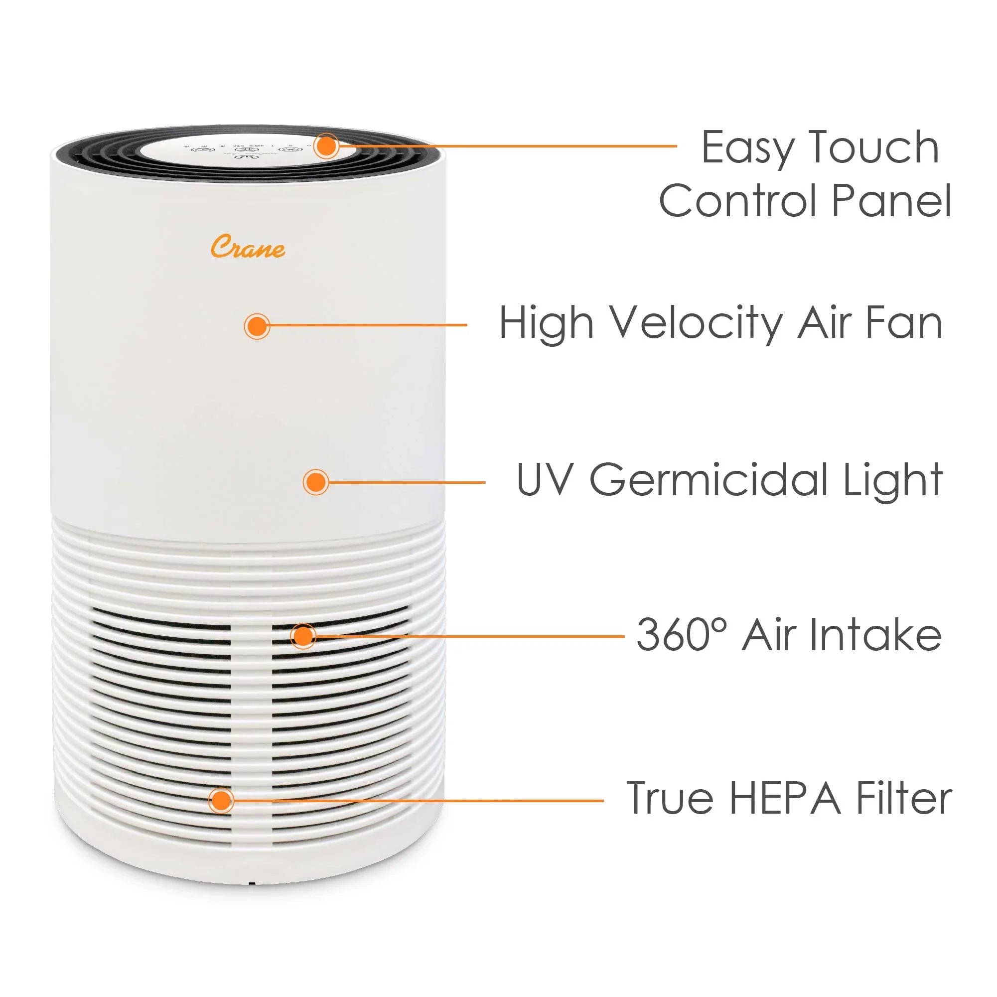 Crane -  True  Tower Air Purifier with  Light, 300 Sq feet Coverage, White