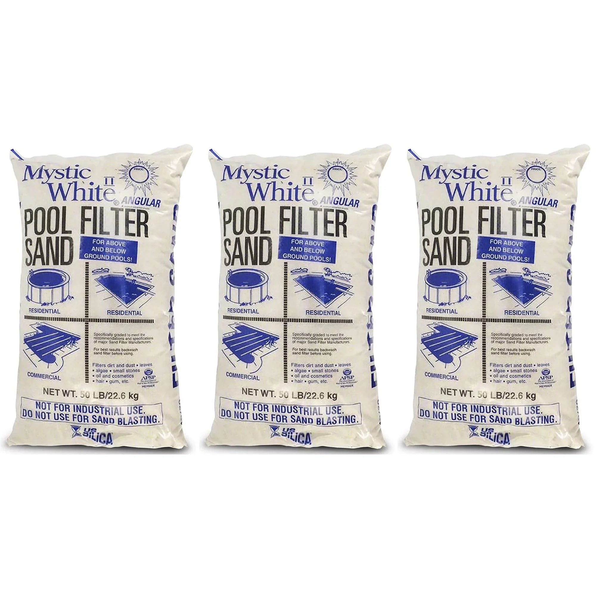 .. Silica 50lbs Mystic White  Swimming Pool Filter Sand, White (3 Pack)