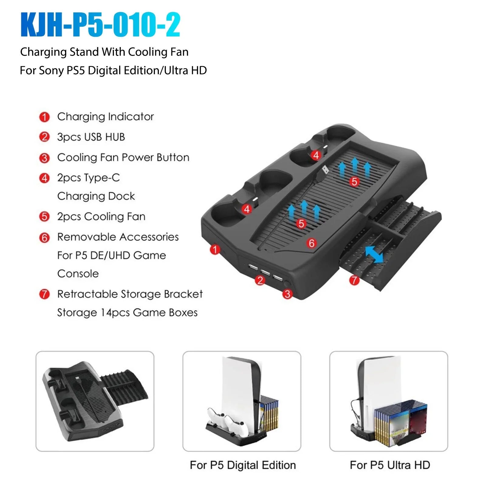 Charging Dock For  Controller w/Console Stand Cooling Fans 14 Games Disk Slot