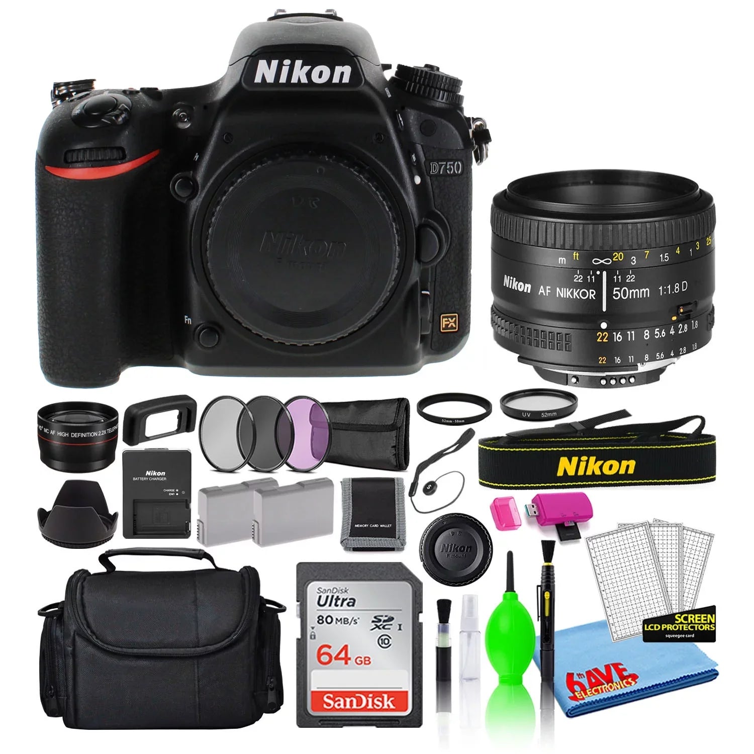 Nikon  24.3MP  Digital Camera with  50mm f/1.8D Lens (1543) Bundle with SanDisk 64GB  Card + Camera Bag + Filter Kit + Spare Battery + Telephoto Lens