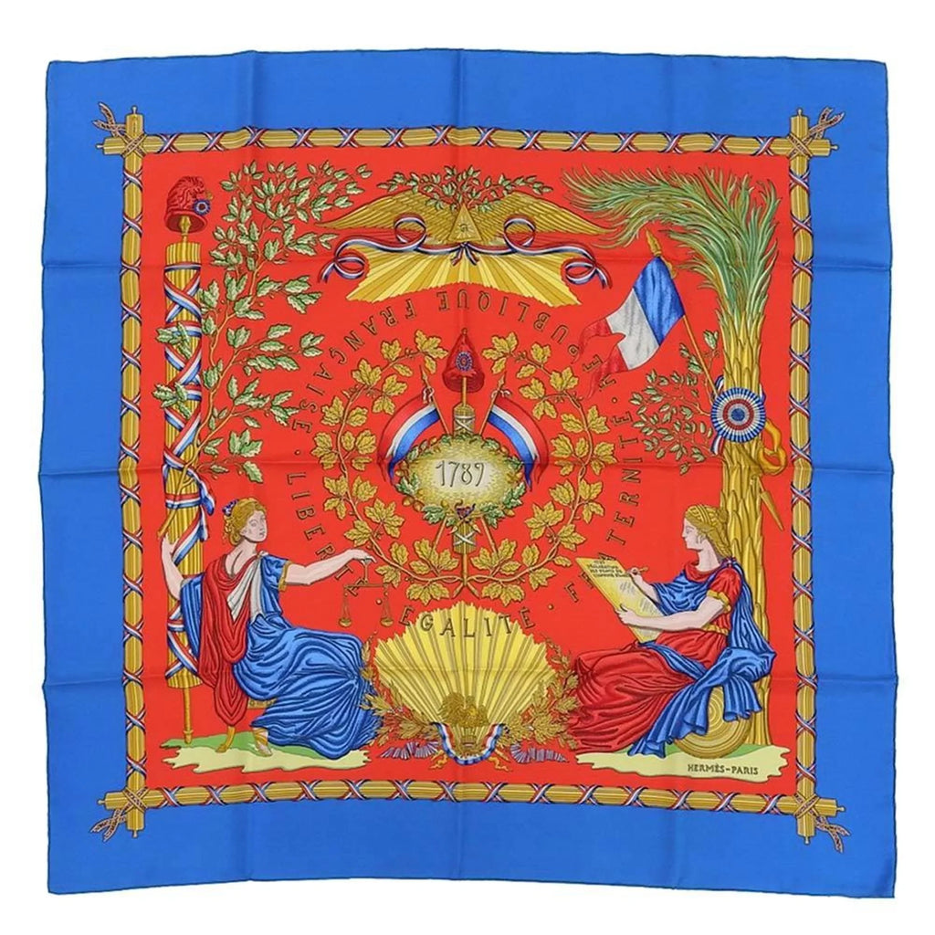 Pre-Owned Hermes Carre 90 Scarf Silk Blue Red Pattern Commemorating the French Revolution (Like New)