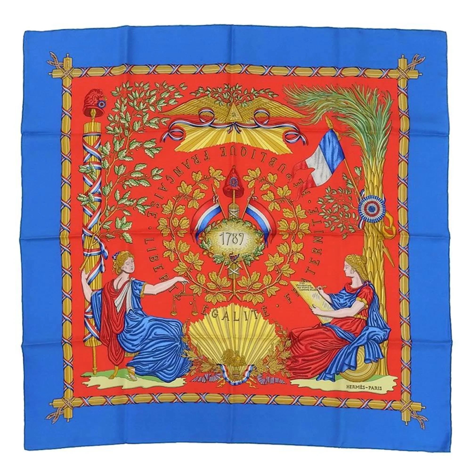 Pre-Owned Hermes Carre 90 Scarf Silk Blue Red Pattern Commemorating the French Revolution (Like New)