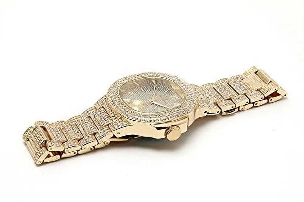 Bling-ed Out Oblong Case Metal Mens Watch w/Matching Bling-ed Out Bracelet Set - 8475B (Gold/Gold)