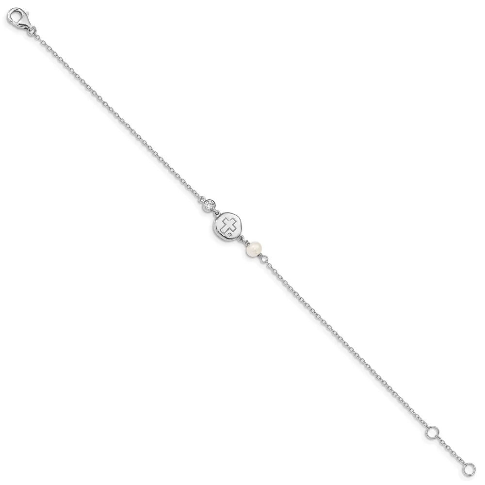 Auriga 925 Sterling Silver -plated /Cross/ Pearl w/0.5inch ext Bracelet for Women