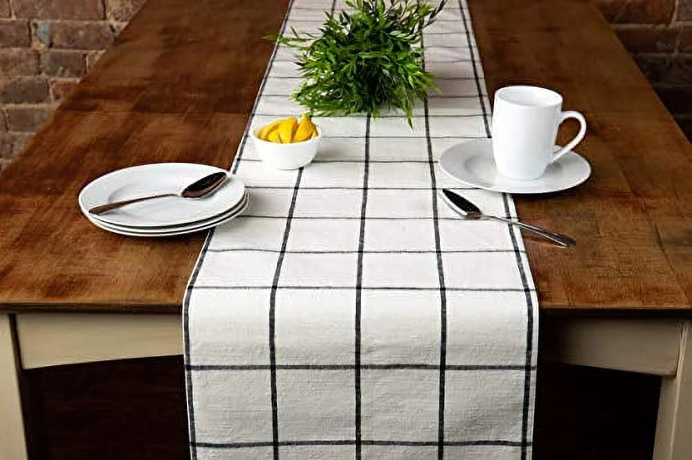 Sticky Toffee Table Runner Cotton Farmhouse Plaid 14 in x 72 in, Table Décor for Kitchen or Dining, Cream Cloth Woven Table Runners