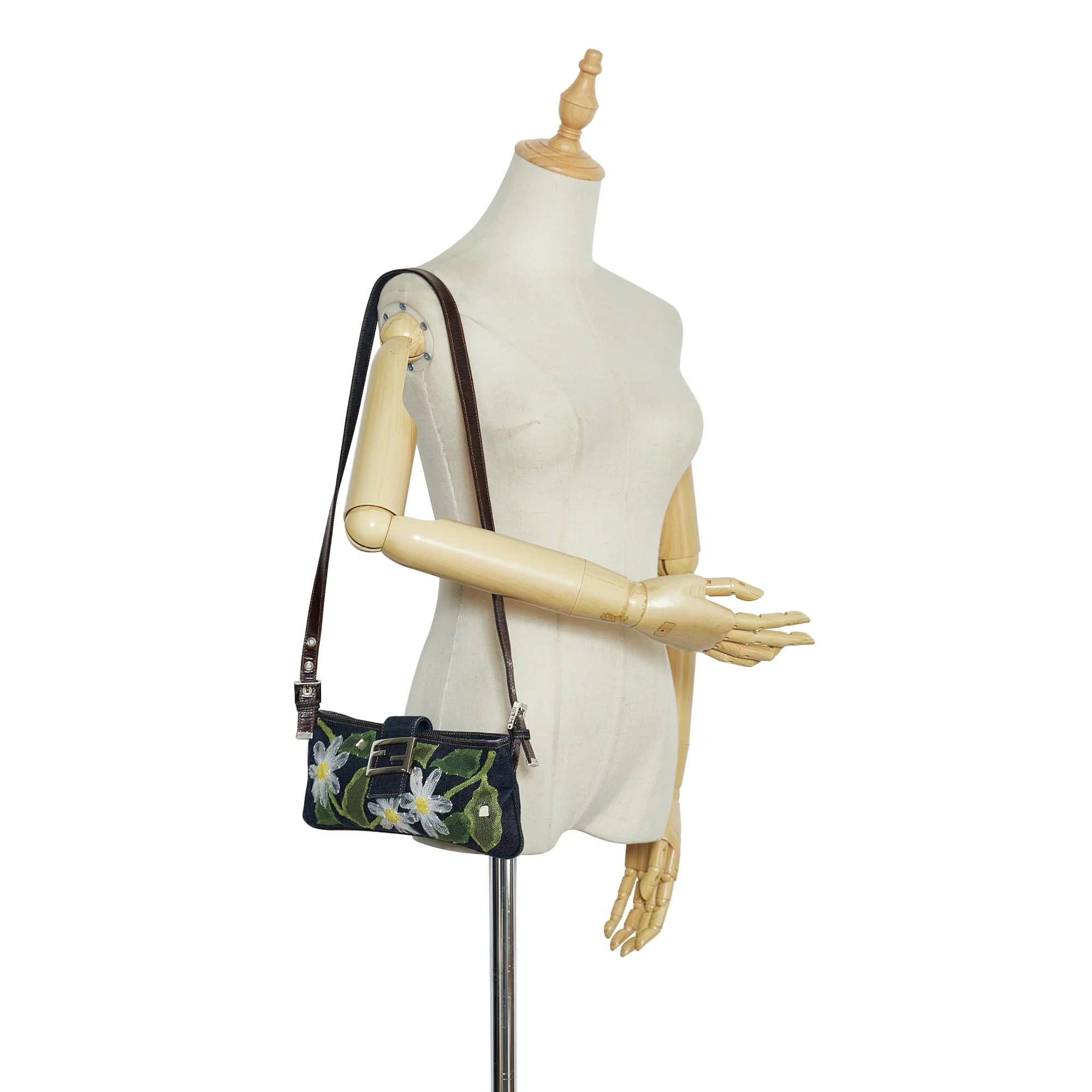 Pre-Owned Authenticated Fendi Embroidered Baguette Denim Fabric Blue Crossbody Bag Unisex (Fair)
